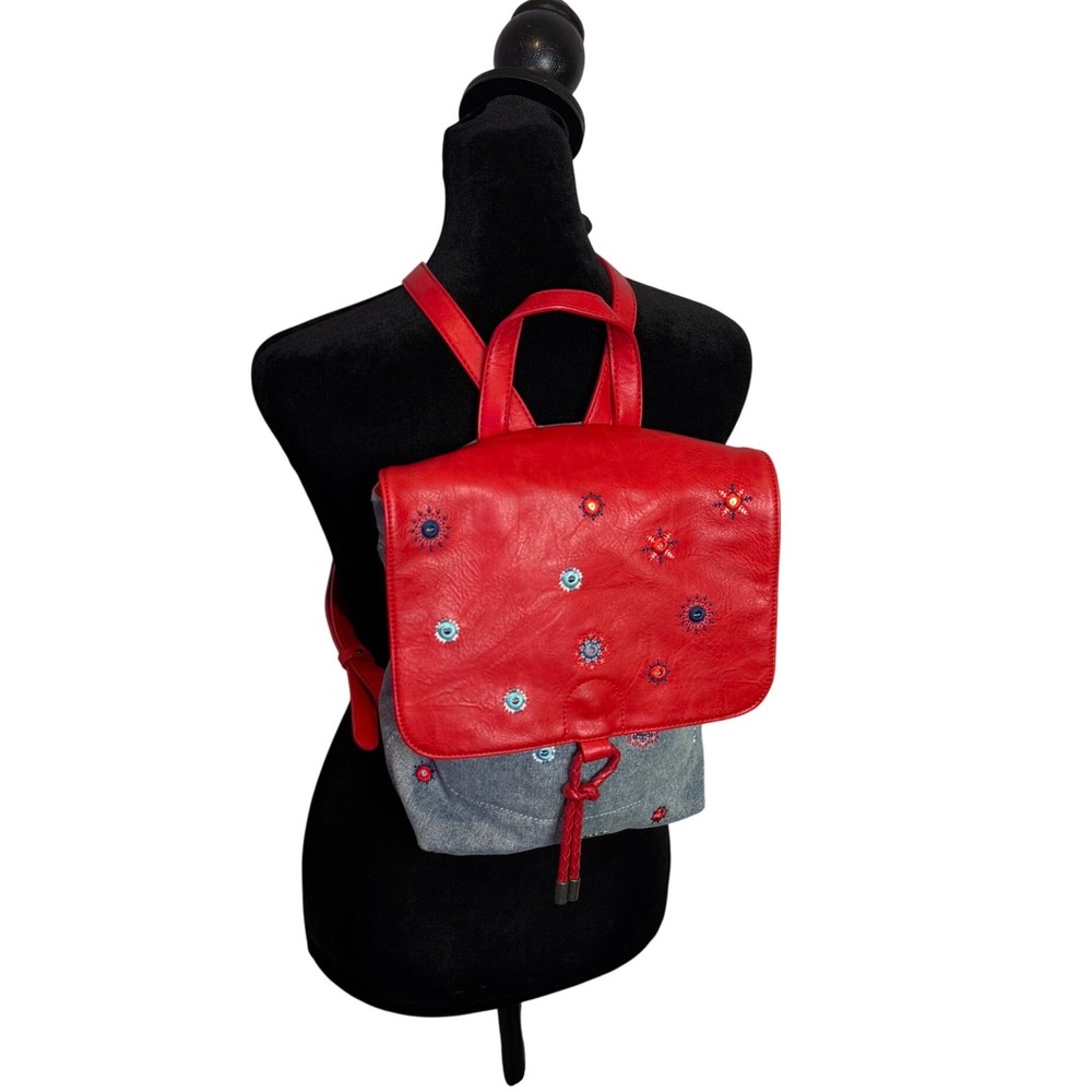 Desigual Floral Embroidered Mandala Denim Backpack Red Blue Mix Media Braided